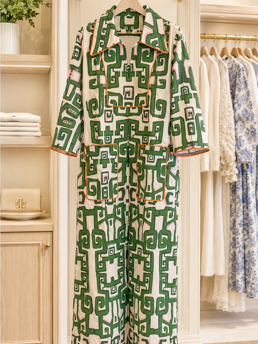 House of MBR Cassidy long sleeve Green Geometric Greek heiress dress NWT